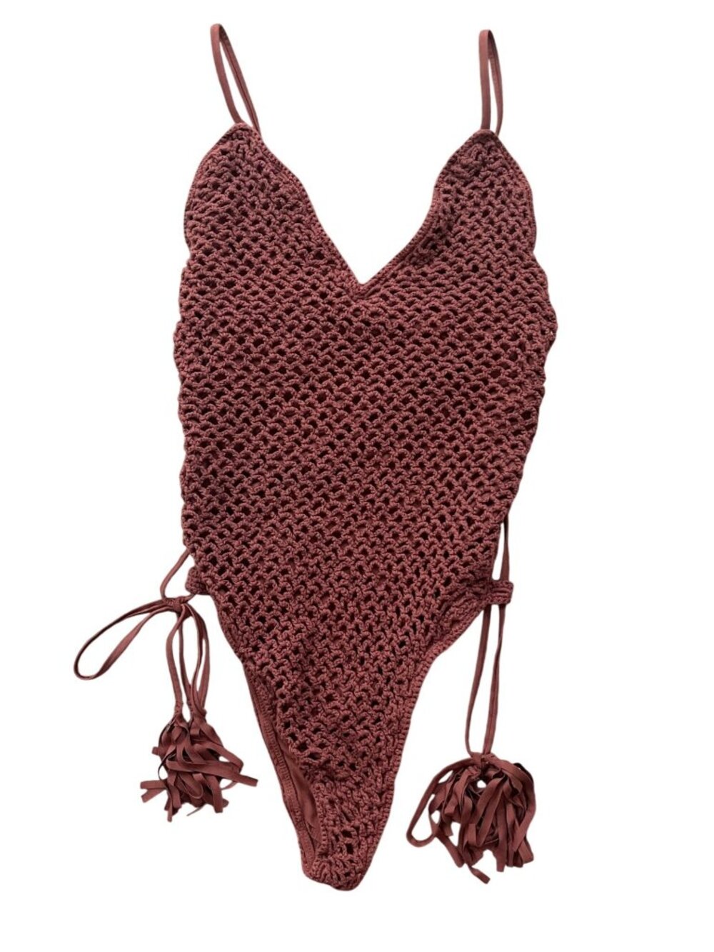 Crochet One Piece Womens Bathing Suit Womens Small Brown Tassel Boho Festival